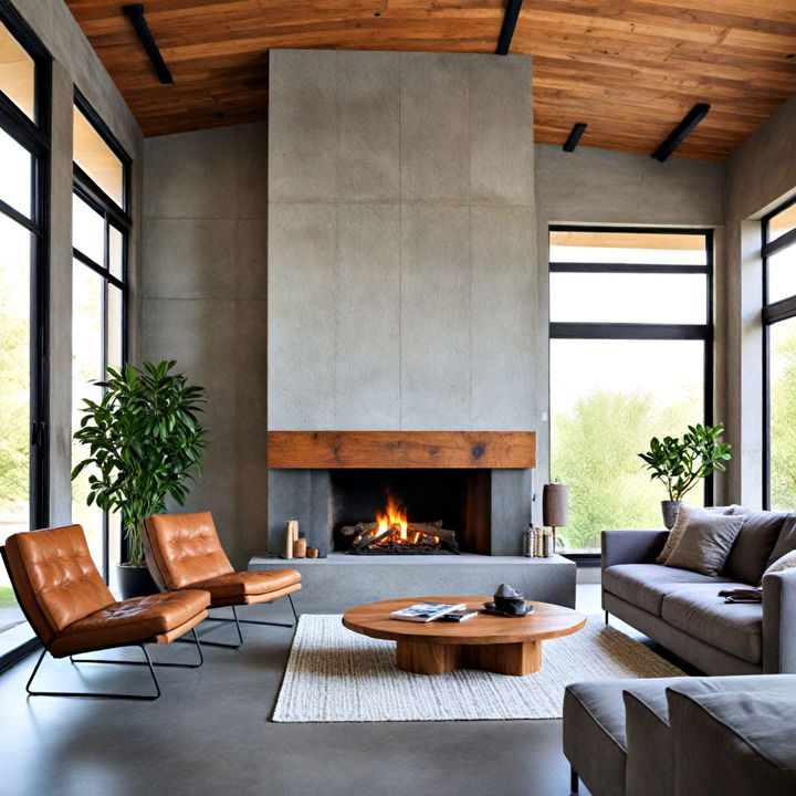 concrete and wood floor to ceiling fireplace