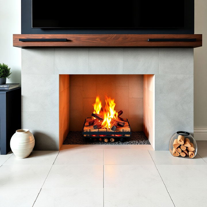 concrete tiles fireplace backsplash