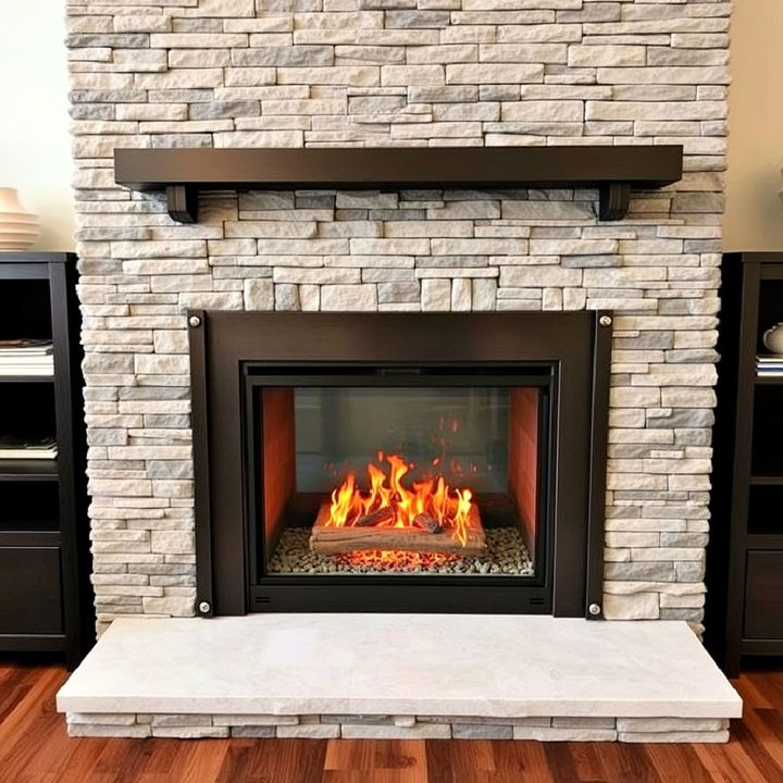 contemporary faux stone fireplace with metal accents