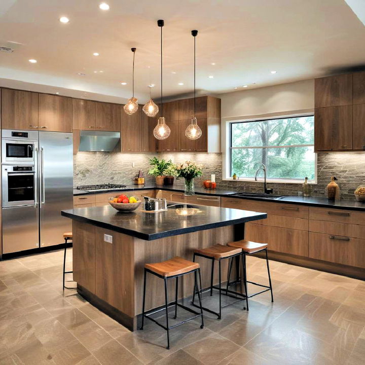 contemporary kitchen with warm wood decor