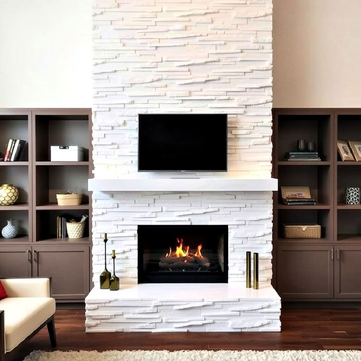 contemporary white concrete fireplace