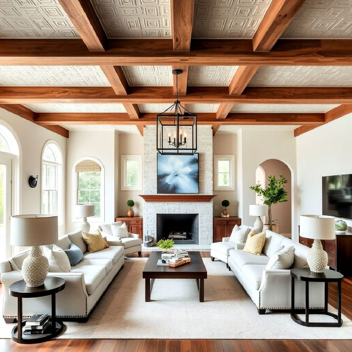 contrasting beams with a textured ceiling