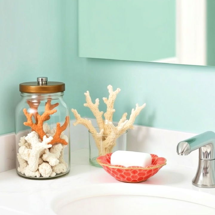 coral accents tropical theme in bathroom