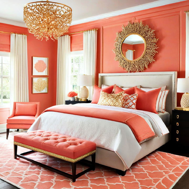 coral and gold decor for bedroom