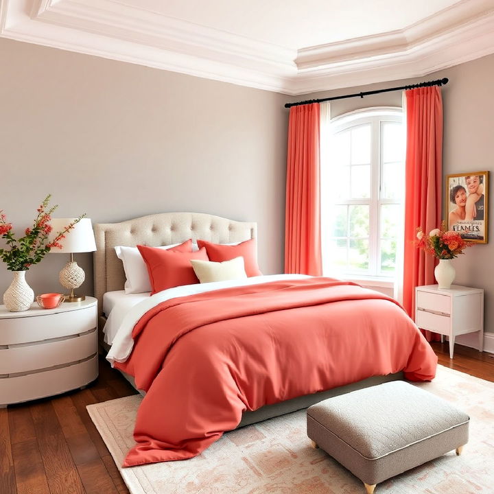 coral and warm gray color bedroom