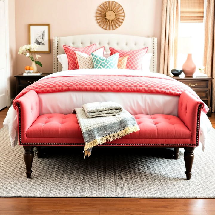 coral upholstered bench