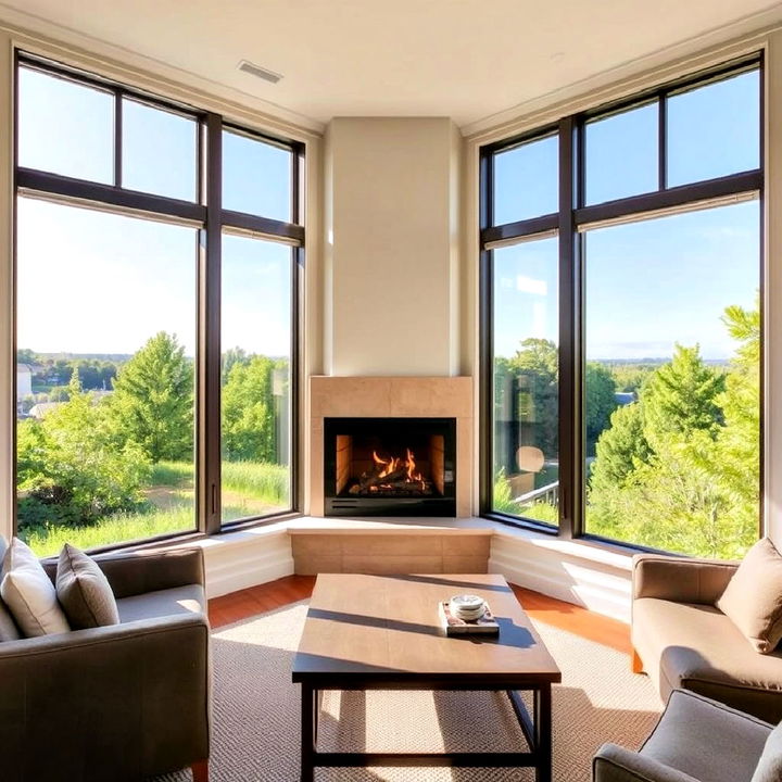 corner fireplace between floor to ceiling corner windows