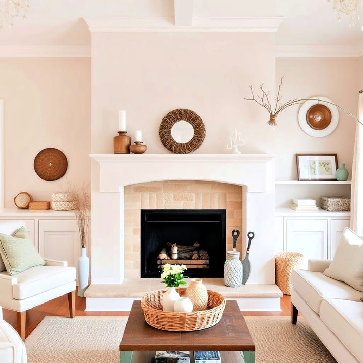 cottage style aesthetic with a stucco fireplace