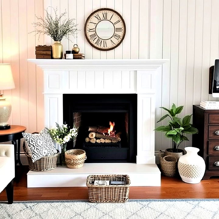 cottage style white beadboard fireplace