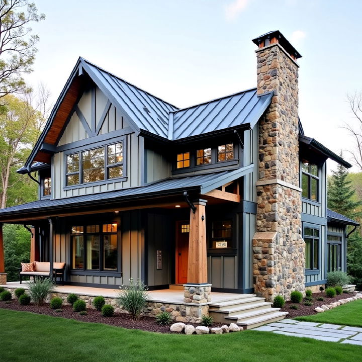 cottage with a stone chimney and metal roof