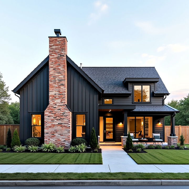 cottage with exposed brick chimney idea