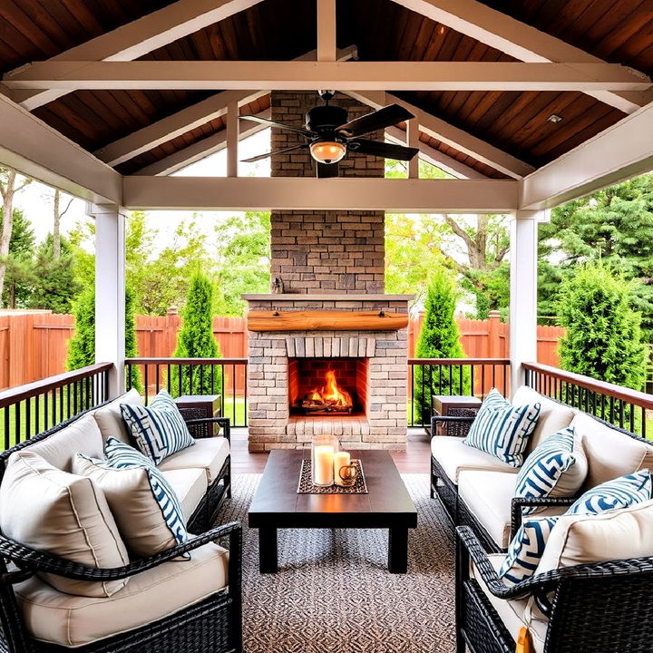 covered deck with a cozy fireplace