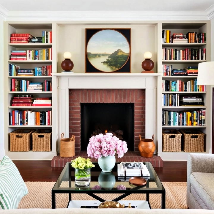 cozy and functional fireplace with bookshelves