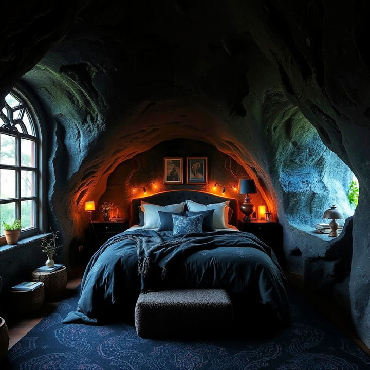 cozy and mystical cave fantasy bedroom