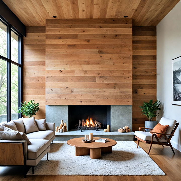 cozy and rustic wood clad fireplace wall