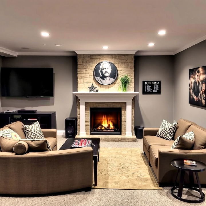 cozy basement fireplace game room