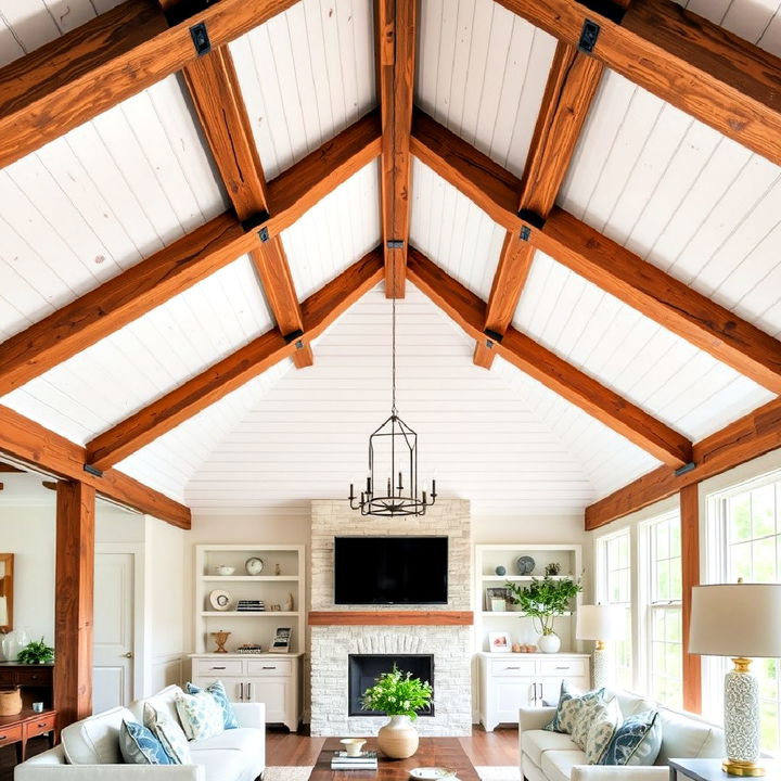 cozy beams with shiplap ceiling