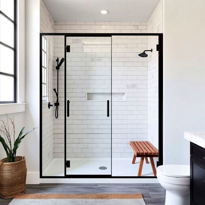 cozy black frame shower enclosure with wooden accents