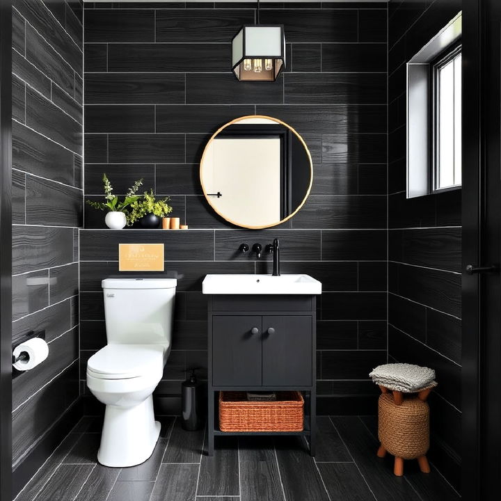 cozy black wood look tiles bathroom