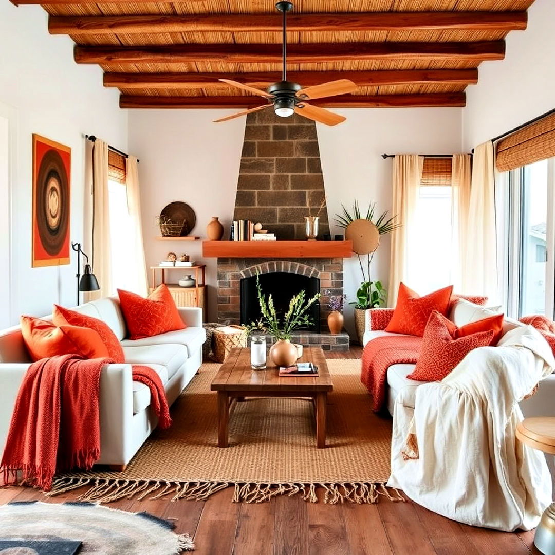 cozy burnt orange and natural textiles
