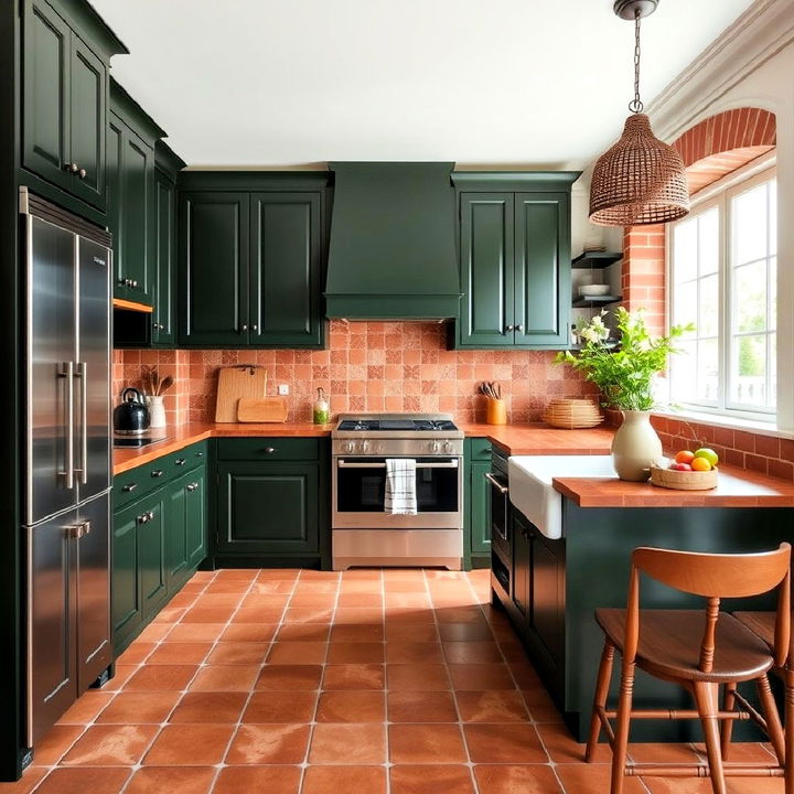 cozy dark green and terracotta accents