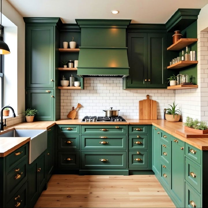 cozy dark green and wood accents