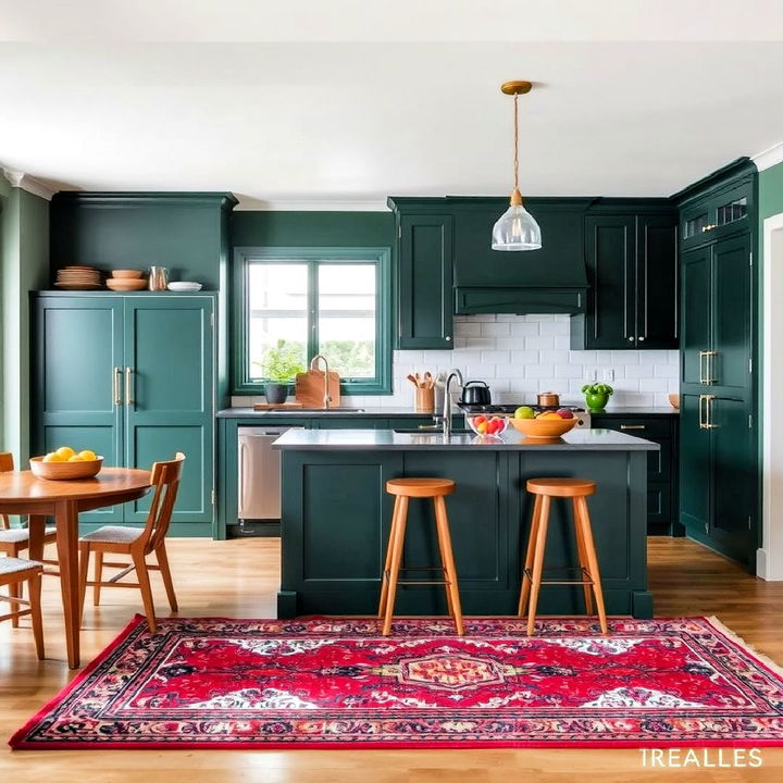 cozy dark green kitchen with patterned rugs