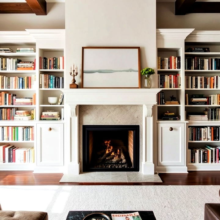 cozy fireplace and bookshelves