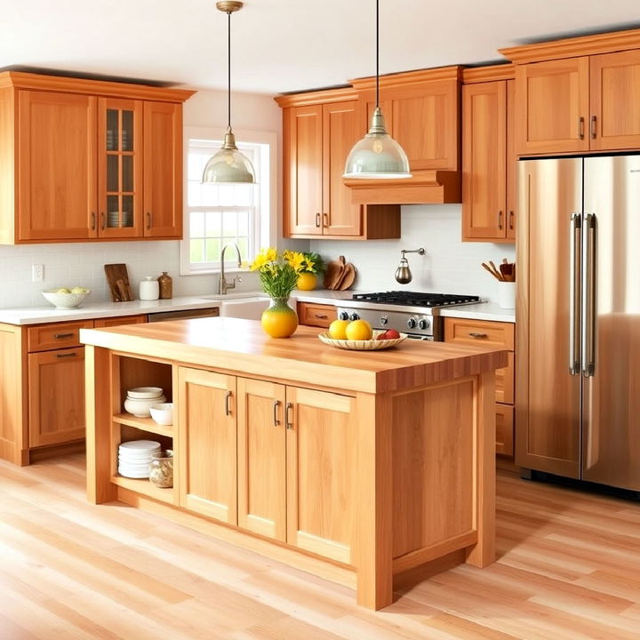 cozy maple cabinets with a butcher block island