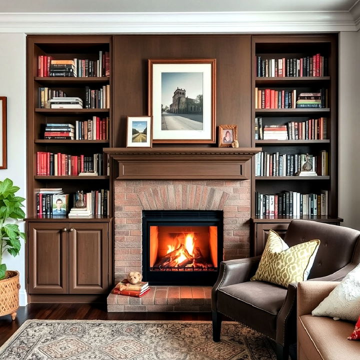 cozy nook with a fireplace and bookshelves