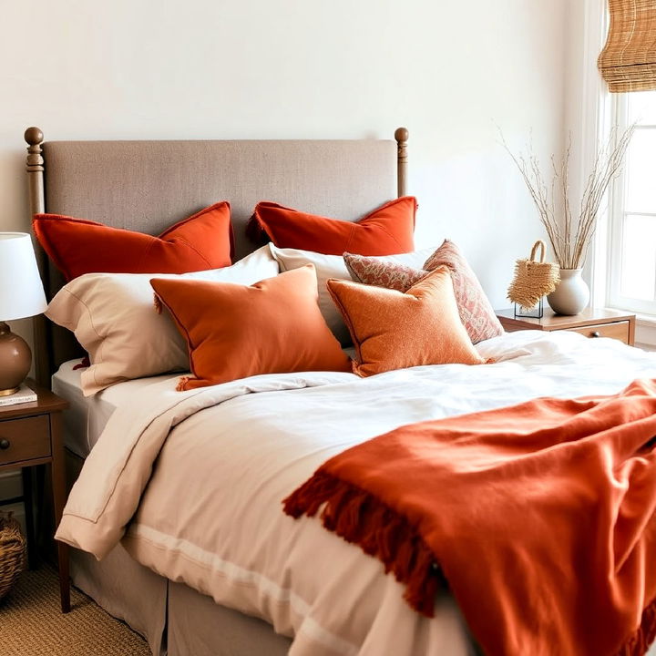 cozy rust colored throw pillows and blankets