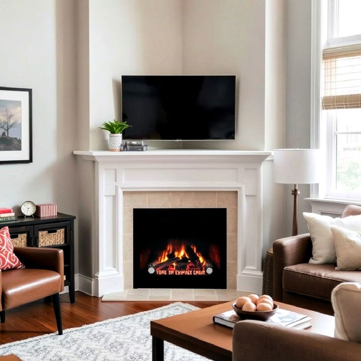 cozy white corner fireplace