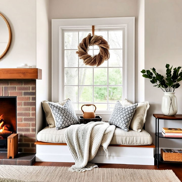 cozy window nook fireplace seating