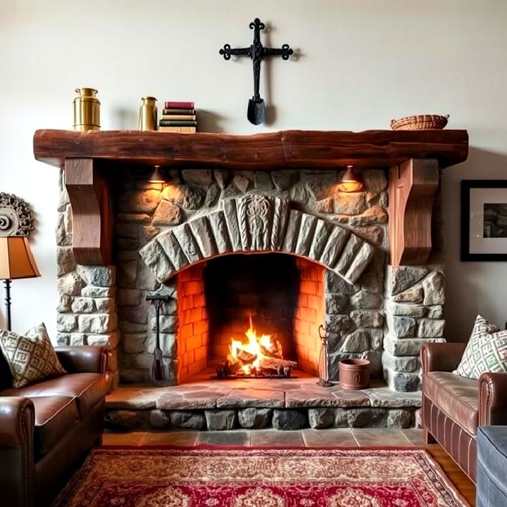 create a cozy medieval centerpiece with a stone fireplace