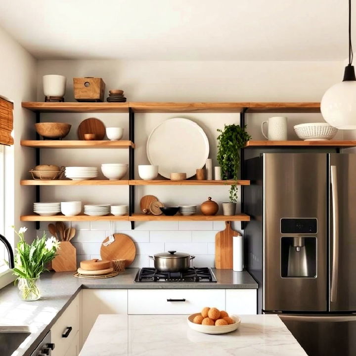 create open shelving in wabi sabi kitchen