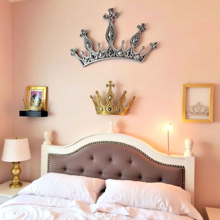 crown shaped wall decor above the bed