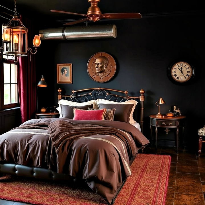 dark and moody themed steampunk bedroom