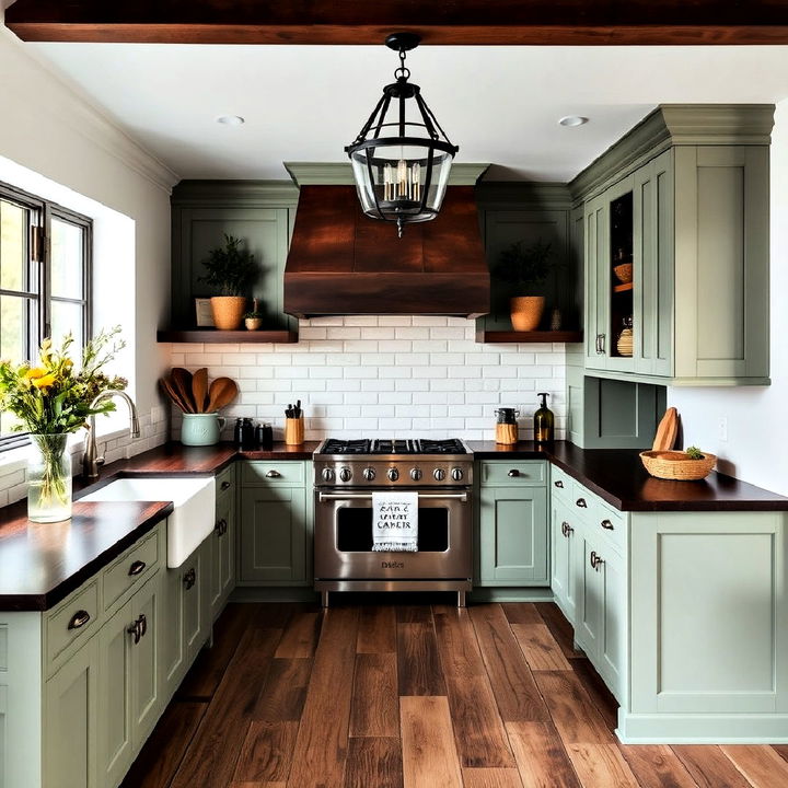 dark butcher block countertops and pale green cabinets