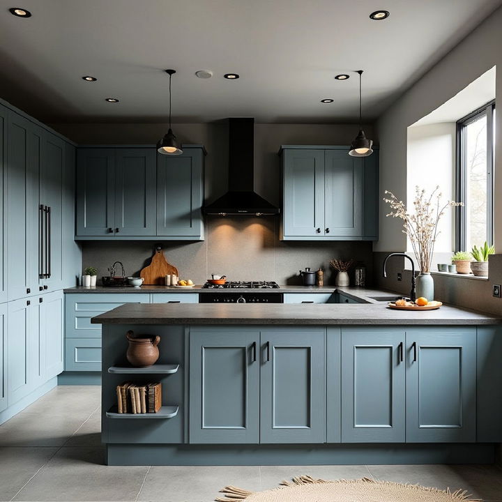 dark concrete countertops with chic light blue cabinets