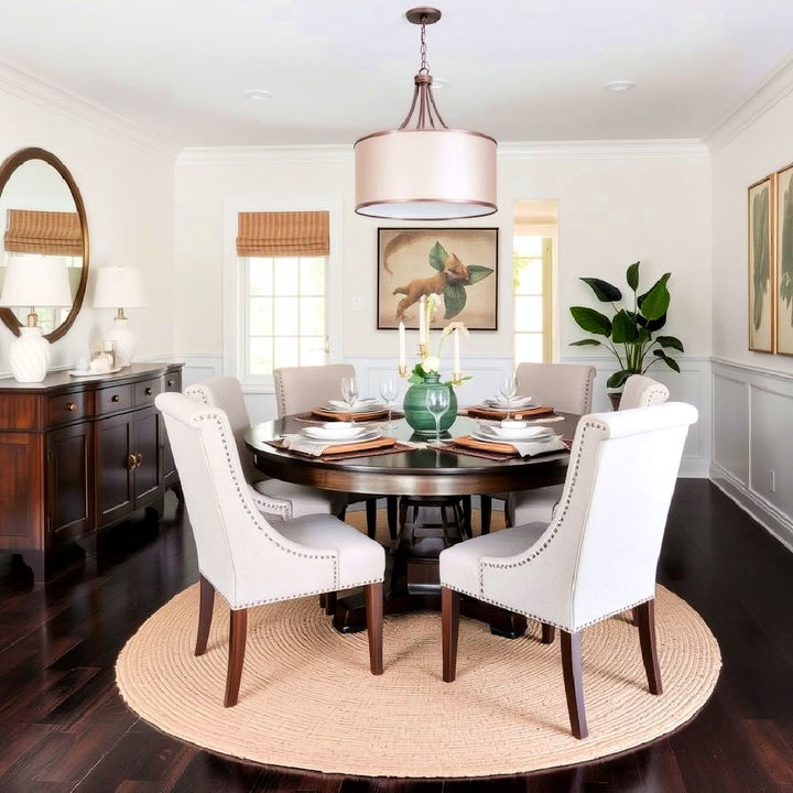 dark dining room floor with layered textures