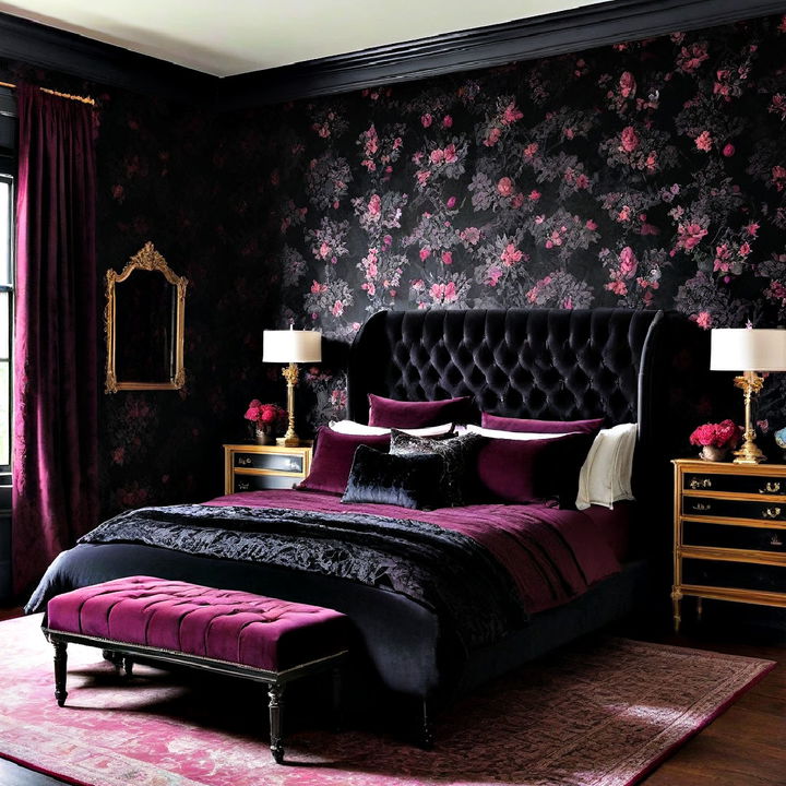 dark floral wallpaper for subtle gothic bedroom