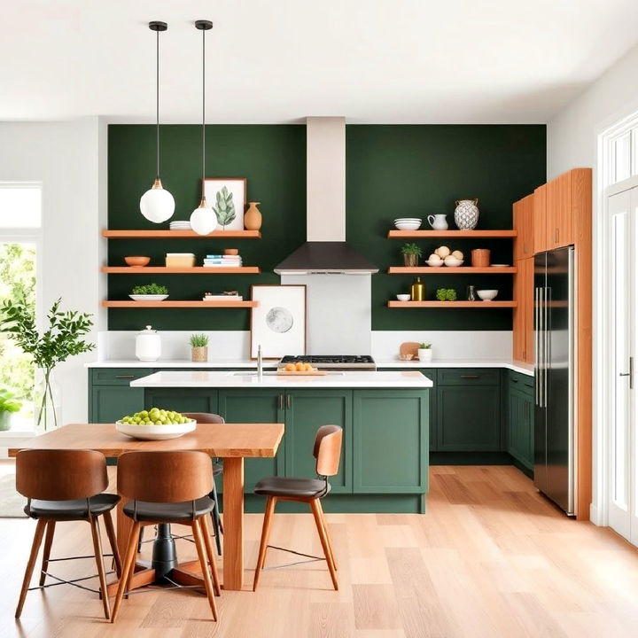 dark green accent wall with open plan kitchen