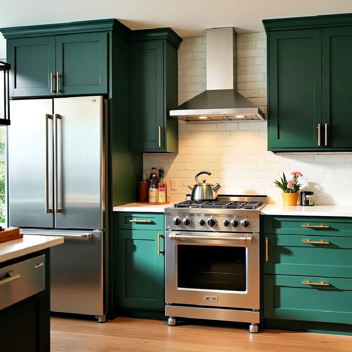 dark green and stainless steel contrast kitchen