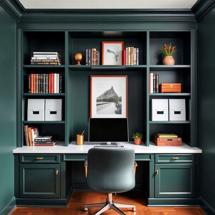 dark green built in shelving for home office