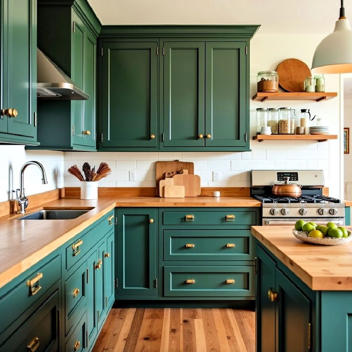 dark green cabinets with a butcher block countertop