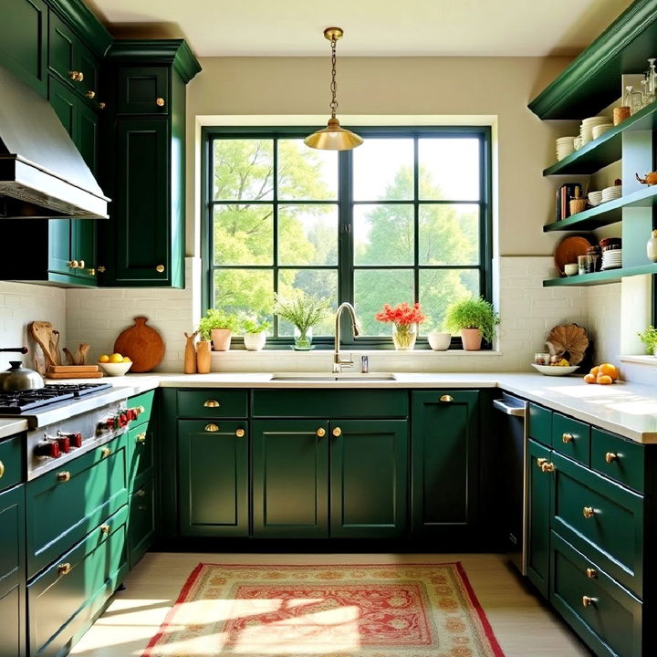 dark green cabinets with open windows