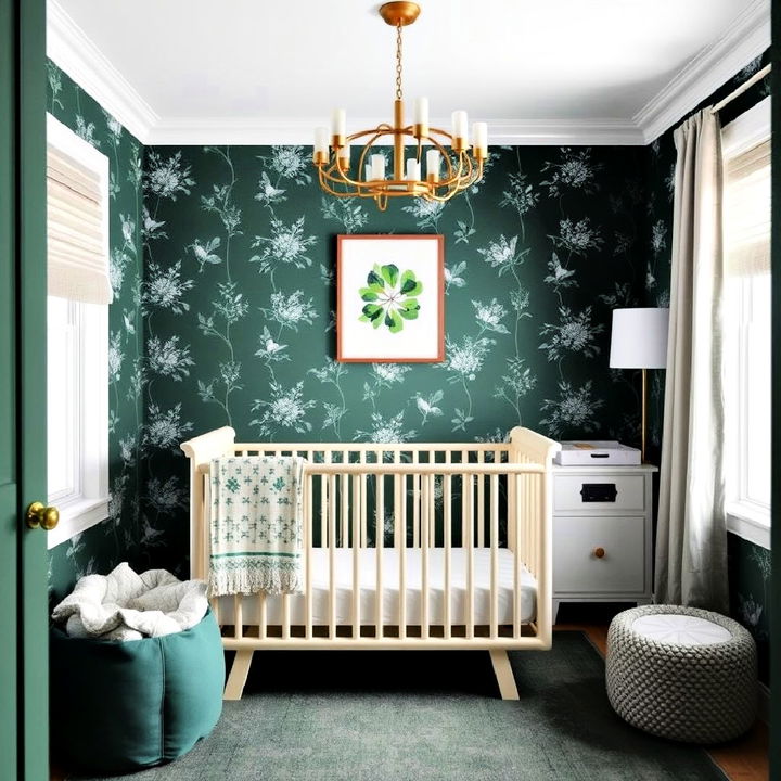 dark green floral wallpaper for a nursery