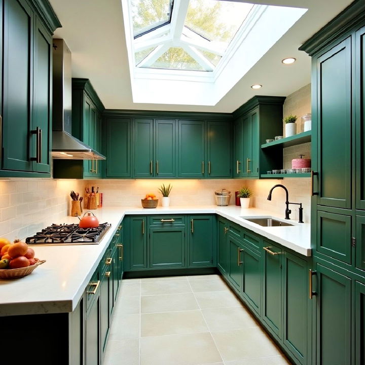 dark green kitchen with skylights