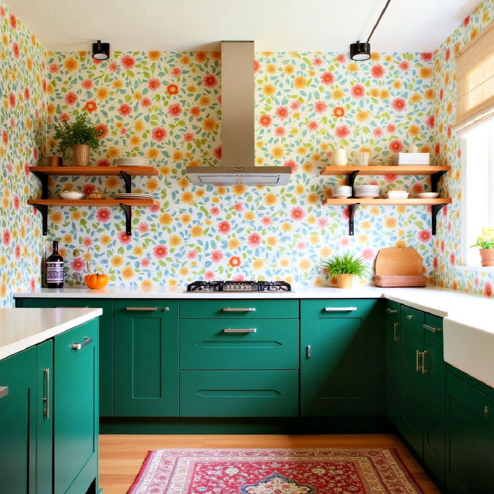 dark green lower cabinets and bold wallpaper