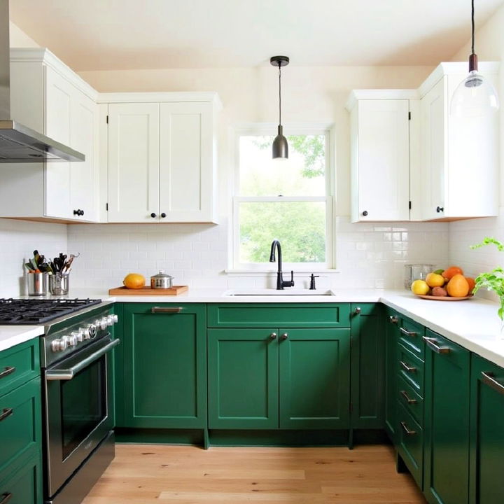 dark green lower cabinets with white uppers for kitchen